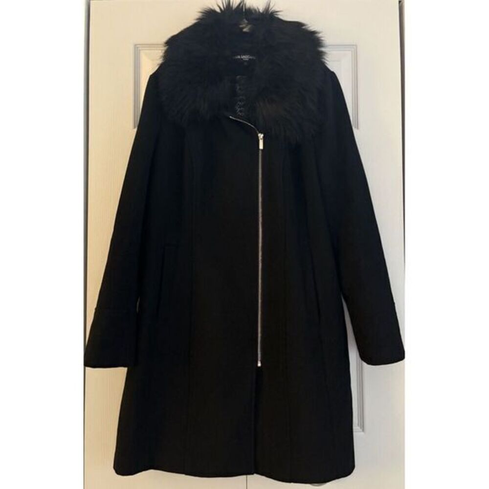 Karl Lagerfeld Paris Women's Black Large Coat Wool Blend Asymmetric Zip Faux Fur